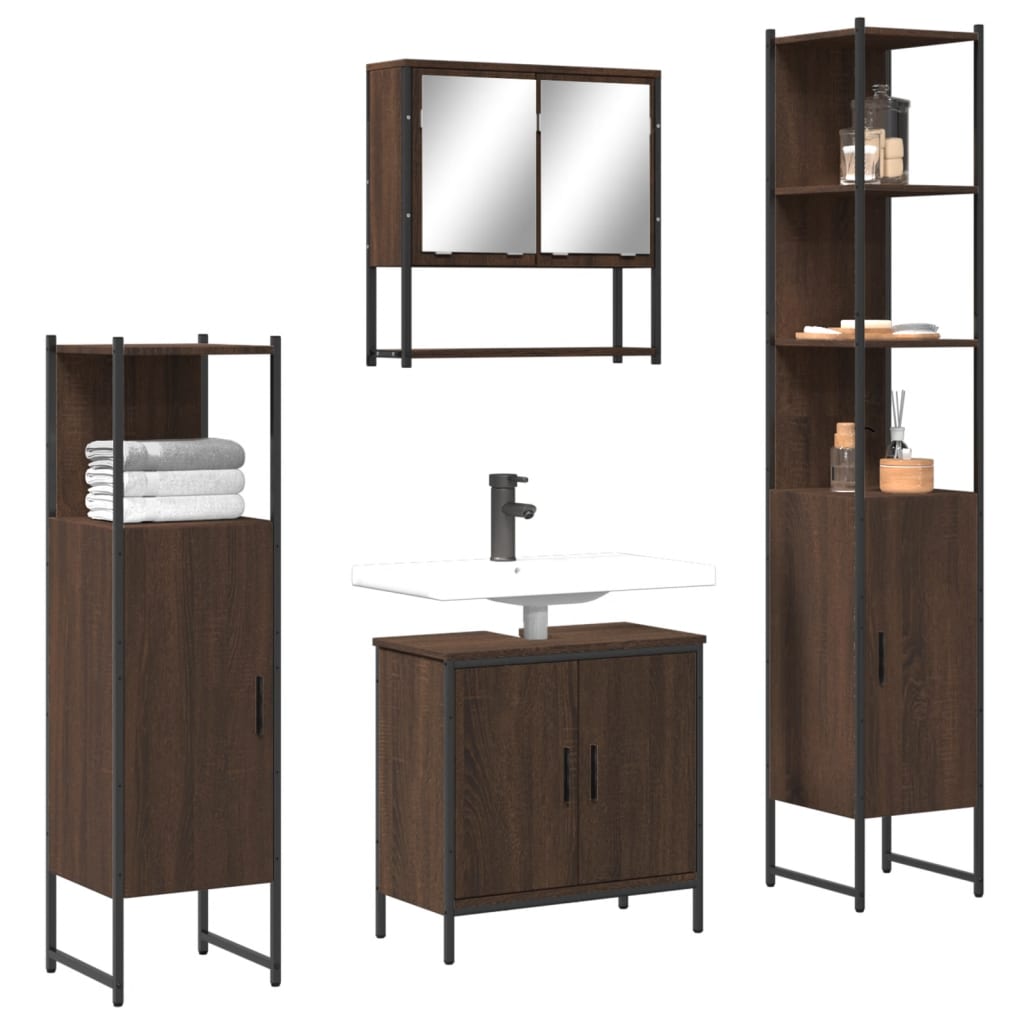 Set mobilier de baie Set mobilier de baie, 4 piese, stejar maro, lemn prelucrat - imagine 1